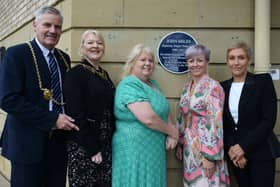 From left: The Mayor, Cllr John McCabe and Mayoress Julie McCabe, with South Tyneside Council Deputy Leader, Councillor Audrey Huntley, John Miles’ daughter Tanya and wife Eileen. Photo: South Tyneside Council.