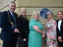 From left: The Mayor, Cllr John McCabe and Mayoress Julie McCabe, with South Tyneside Council Deputy Leader, Councillor Audrey Huntley, John Miles’ daughter Tanya and wife Eileen. Photo: South Tyneside Council.