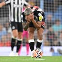 Bruno Guimaraes of Newcastle reacts during the Premier League match between Manchester City and Newcastle United at Etihad Stadium on August 19, 2023 in Manchester, England. 