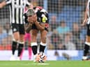 Bruno Guimaraes of Newcastle reacts during the Premier League match between Manchester City and Newcastle United at Etihad Stadium on August 19, 2023 in Manchester, England. 