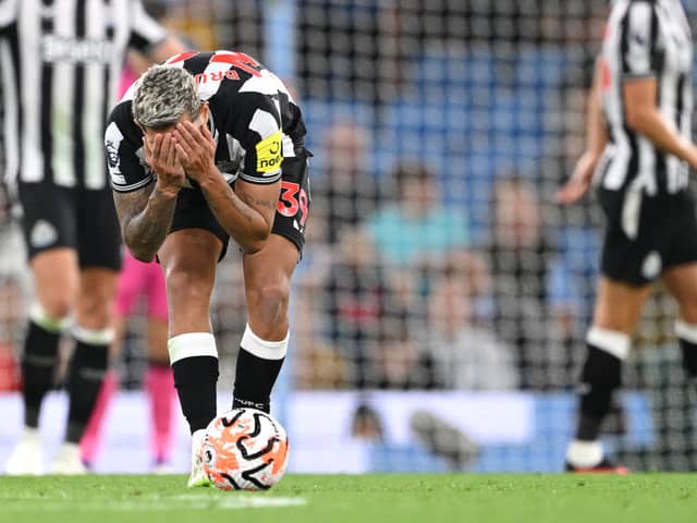 Bruno Guimaraes of Newcastle reacts during the Premier League match between Manchester City and Newcastle United at Etihad Stadium on August 19, 2023 in Manchester, England. 