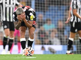 Bruno Guimaraes of Newcastle reacts during the Premier League match between Manchester City and Newcastle United at Etihad Stadium on August 19, 2023 in Manchester, England. 