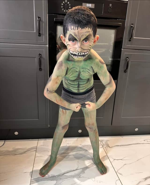 Jade's son Logan painted as The Hulk
