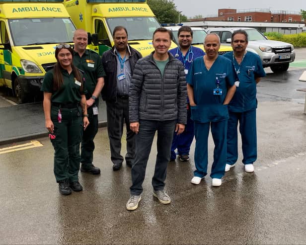 Dr Anatoliy Telpov (centre) with staff from FNSE and the emergency department at South Tyneside District Hospital. Photo: Other 3rd Party.