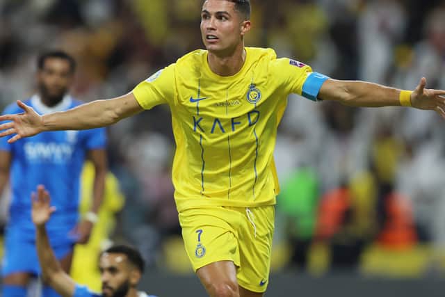 Cristiano Ronaldo celebrates a goal in the Arab Club Champions Cup final against Al-Hilal.