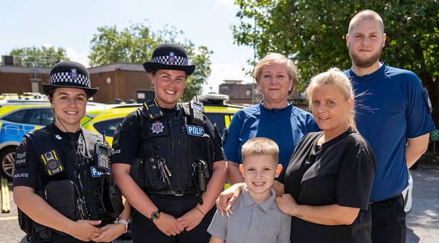Left to right: (back row) Thurrock Engagement Sergeant, Amelia Moore, Thurrock Children and Young Person's officer, Rachael Johns, Essex Police call taker, Ruth Potts, Essex Police Control Room Supervisor, Adam Taylor. Front row: Ronnie-Lee Gray and his mum Becky
