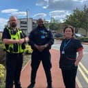 From left: PC Richard Sawyers, security officer Stephen Nwokorie and Head of Nursing Barbara Goodfellow outside Sunderland Royal Hospital. Photo: South Tyneside and Sunderland NHS Foundation Trust.