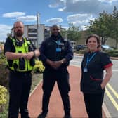 From left: PC Richard Sawyers, security officer Stephen Nwokorie and Head of Nursing Barbara Goodfellow outside Sunderland Royal Hospital. Photo: South Tyneside and Sunderland NHS Foundation Trust.