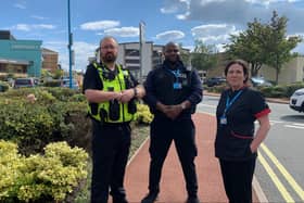 From left: PC Richard Sawyers, security officer Stephen Nwokorie and Head of Nursing Barbara Goodfellow outside Sunderland Royal Hospital. Photo: South Tyneside and Sunderland NHS Foundation Trust.
