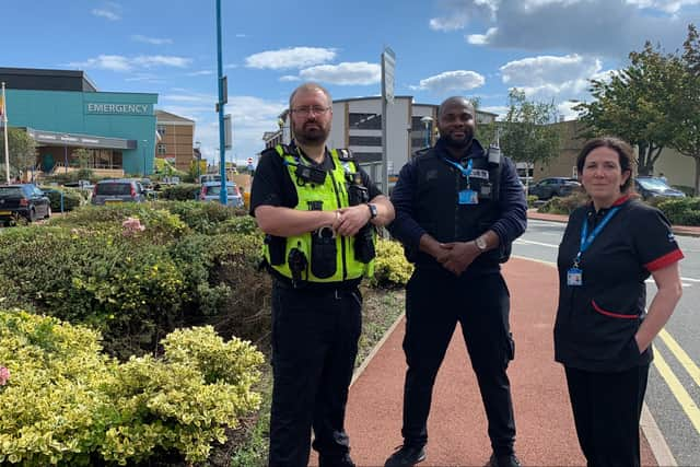 From left: PC Richard Sawyers, security officer Stephen Nwokorie and Head of Nursing Barbara Goodfellow outside Sunderland Royal Hospital. Photo: South Tyneside and Sunderland NHS Foundation Trust.