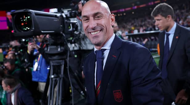  President of the Royal Spanish Football Federation Luis Rubiales (C) reacts at the end of the Australia and New Zealand 2023 Women’s World Cup final football match between Spain and England at Stadium Australia in Sydney on August 20.