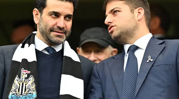 Newcastle United co-owner Jamie Reuben and Mehrdad Ghodoussi.  (Photo by JUSTIN TALLIS/AFP via Getty Images)