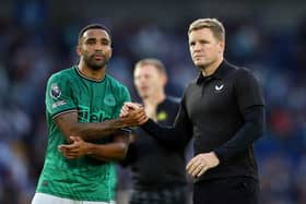 Callum Wilson of Newcastle United shakes hands with Eddie Howe, Manager of Newcastle United, following the team's loss during the Premier League match between Brighton & Hove Albion and Newcastle United at American Express Community Stadium on September 02, 2023 in Brighton, England. (Photo by Steve Bardens/Getty Images)