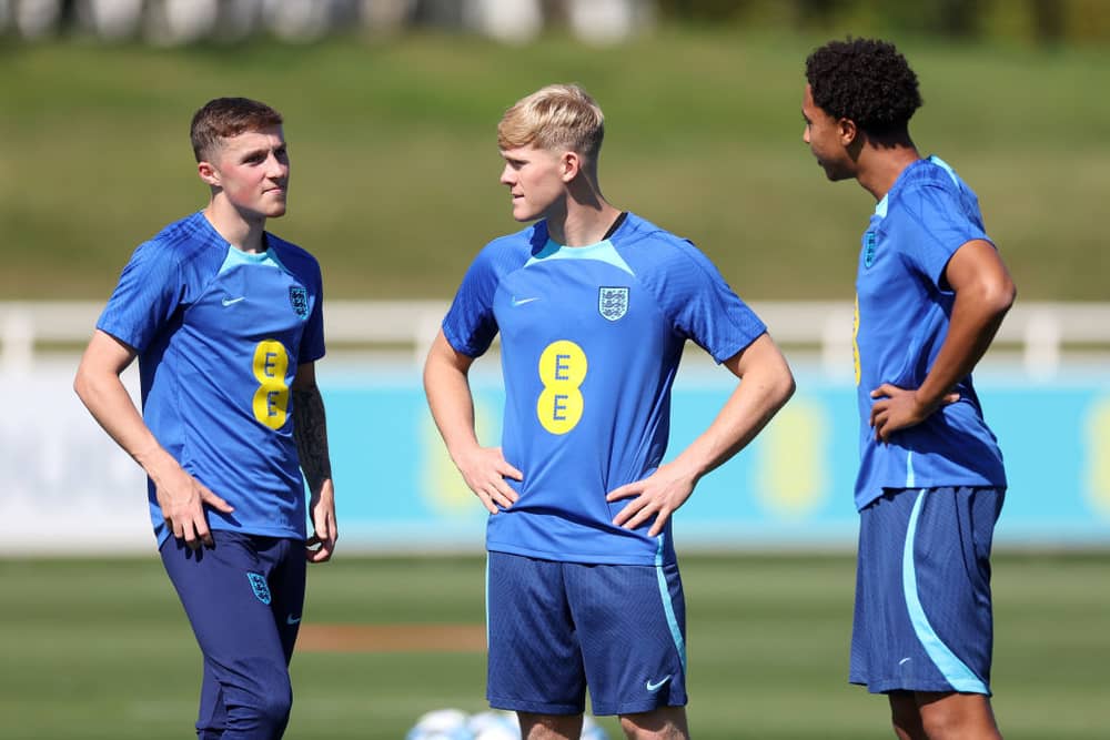 Alfie Devine, Lewis Hall and Bashir Humphreys look on during a training session at St Georges Park on September 05, 2023 in Burton-upon-Trent, England. (Photo by Catherine Ivill/Getty Images)