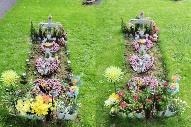 A before and after of Marilyn’s grave, in Harton Cemetery.