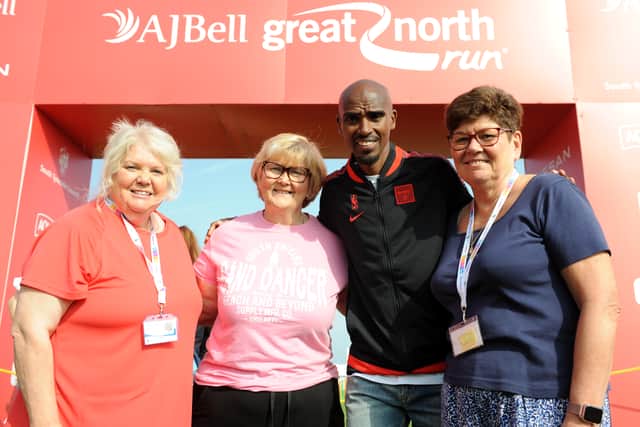 From left: South Tyneside Council Deputy Leader, Cllr Audrey Huntley, Leader Cllr Tracey Dixon, Sir Mo Farah and Lead Member for Education and Skills, Cllr Jane Carter, at the start of the ‘Fit for the Finish' run.