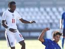 Alessandro Olivieri (R) of Italy is challenged by Trevan Sanusi (L) of England during the International Friendly Match between Italy U16 v England U16 at Stadio Silvio Piola on August 23, 2022 in Vercelli, Italy. (Photo by Marco Luzzani/Getty Images)