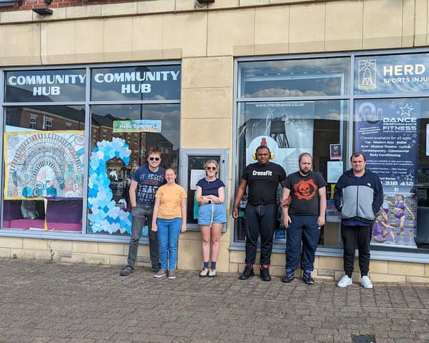 A group that will be involved in this project. They are standing outside the Westoe Crown Hub Building that is sited on the old colliery. Credit: Autism Able