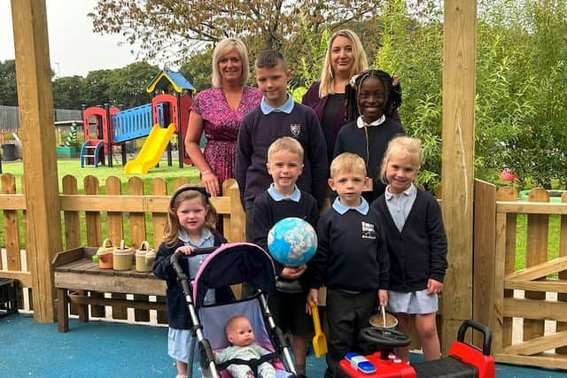 From left to right: Executive headteacher Marie Graham and head of school Anna Tumelty with pupils of St Mary’s Catholic Primary School in Jarrow.Credit: SASS Media