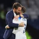Gareth Southgate, Head Coach of England, embraces Kieran Trippier following the team's victory during the 150th Anniversary Heritage Match between Scotland and England at Hampden Park on September 12, 2023 in Glasgow, Scotland. (Photo by Ian MacNicol/Getty Images)