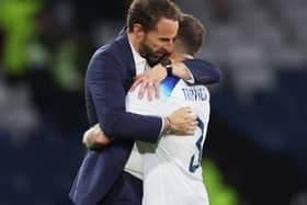 Gareth Southgate, Head Coach of England, embraces Kieran Trippier following the team's victory during the 150th Anniversary Heritage Match between Scotland and England at Hampden Park on September 12, 2023 in Glasgow, Scotland. (Photo by Ian MacNicol/Getty Images)