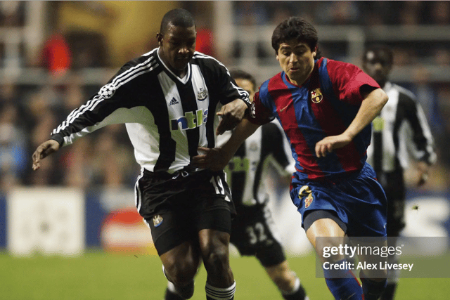 Titus Bramble battle Juan Roman Riquelme for the ball during Newcastle’s last Champions League clash. (Getty Images)