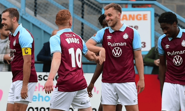 Martin Smith celebrates scoring the second goal as South Shields claimed a 2-0 win against Bishop Auckland in an FA Cup second qualifying round tie (photo Kevin Wilson)