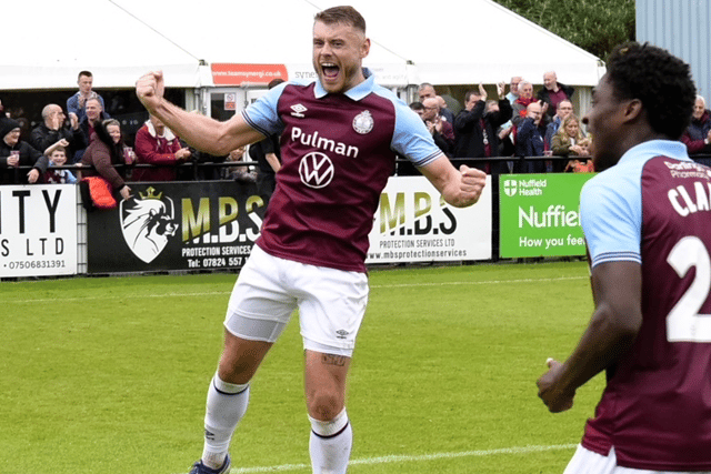 Paul Blackett celebrates after scoring a penalty as South Shields claimed a 2-0 win against Bishop Auckland in an FA Cup second qualifying round tie (photo Kevin Wilson)