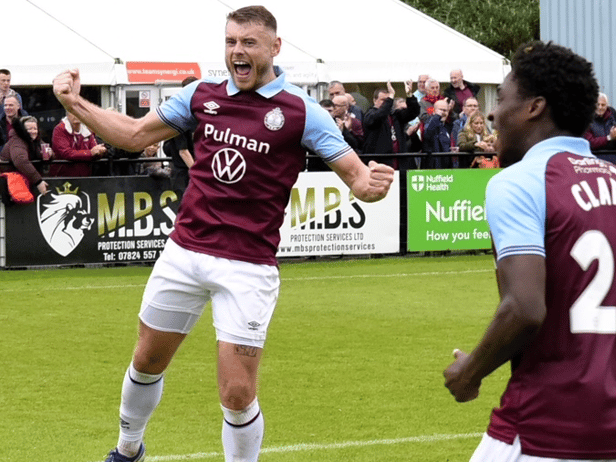 Paul Blackett celebrates after scoring a penalty as South Shields claimed a 2-0 win against Bishop Auckland in an FA Cup second qualifying round tie (photo Kevin Wilson)