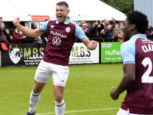 Paul Blackett celebrates after scoring a penalty as South Shields claimed a 2-0 win against Bishop Auckland in an FA Cup second qualifying round tie (photo Kevin Wilson)
