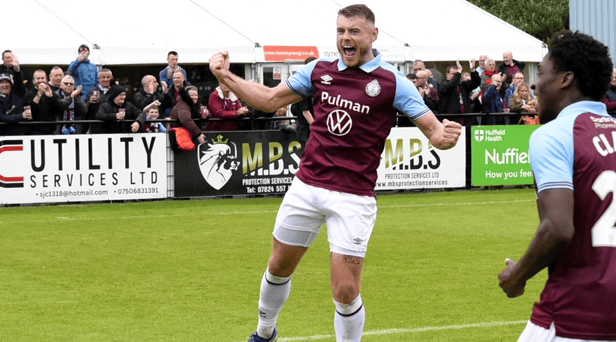 Paul Blackett celebrates after scoring a penalty as South Shields claimed a 2-0 win against Bishop Auckland in an FA Cup second qualifying round tie (photo Kevin Wilson)