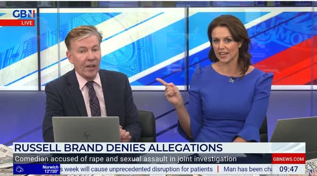 GB News presenters Andrew Pierce and Beverley Turner clashed over Russell Brand Picture: GB News