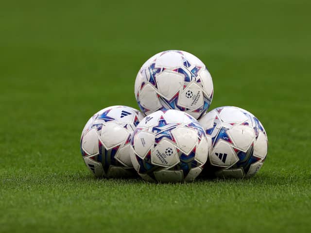  A detailed view of the Adidas Finale 23 official UEFA Champions League match balls prior to the UEFA Champions League Group F match between AC Milan and Newcastle United FC at Stadio Giuseppe Meazza on September 19, 2023 in Milan, Italy. (Photo by Emilio Andreoli/Getty Images)