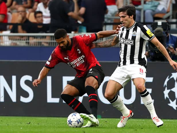 Ruben Loftus-Cheek of AC Milan challenges for the ball with Sandro Tonali of Newcastle United during the UEFA Champions League Group F match between AC Milan and Newcastle United FC at Stadio Giuseppe Meazza on September 19, 2023 in Milan, Italy. (Photo by Marco Luzzani/Getty Images)