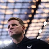 Newcastle United’s English head coach Eddie Howe looks on before the UEFA Champions League 1st round group F football match between AC Milan and Newcastle at the San Siro stadium in Milan on September 19, 2023. (Photo by Marco BERTORELLO / AFP) (Photo by MARCO BERTORELLO/AFP via Getty Images)