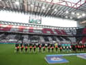 AC Milan and Newcastle United teams line-up during the UEFA Champions League match between AC Milan and Newcastle United FC at Stadio Giuseppe Meazza on September 19, 2023 in Milan, Italy. (Photo by Emilio Andreoli/Getty Images)