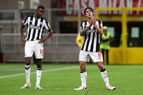 Sandro Tonali of Newcastle United applauds the fans after being substituted during the UEFA Champions League Group F match between AC Milan and Newcastle United FC at Stadio Giuseppe Meazza on September 19, 2023 in Milan, Italy. (Photo by Marco Luzzani/Getty Images)