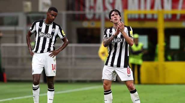 Sandro Tonali of Newcastle United applauds the fans after being substituted during the UEFA Champions League Group F match between AC Milan and Newcastle United FC at Stadio Giuseppe Meazza on September 19, 2023 in Milan, Italy. (Photo by Marco Luzzani/Getty Images)