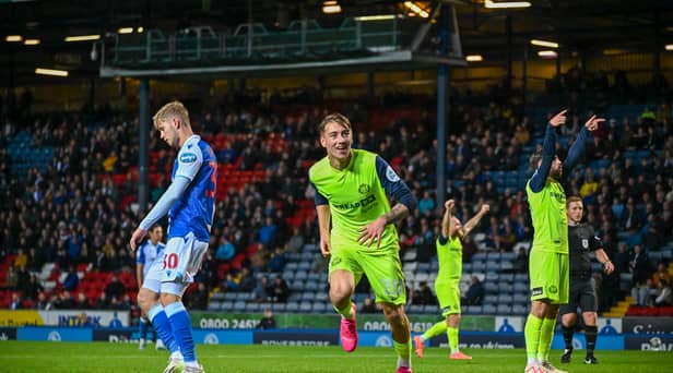Jack Clarke celebrates his second goal at Ewood Park