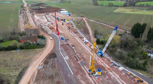 An aerial view of the groundworks construction of the HS2 high speed rail network progresses around the A38 dual-carriageway near Streethay on January 27, 2023 in Lichfield (Photo by Christopher Furlong/Getty Images)