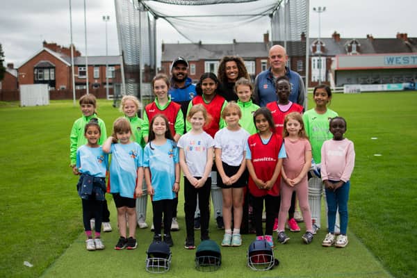 South Shields Cricket Club’s young players, along with Jamilah Hassan of The Banks Group and Tharusha Fernando and Patrick William-Powlett of South Shields Cricket Club.