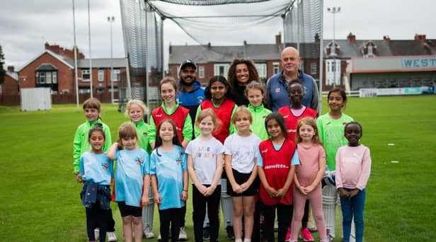 South Shields Cricket Club’s young players, along with Jamilah Hassan of The Banks Group and Tharusha Fernando and Patrick William-Powlett of South Shields Cricket Club.
