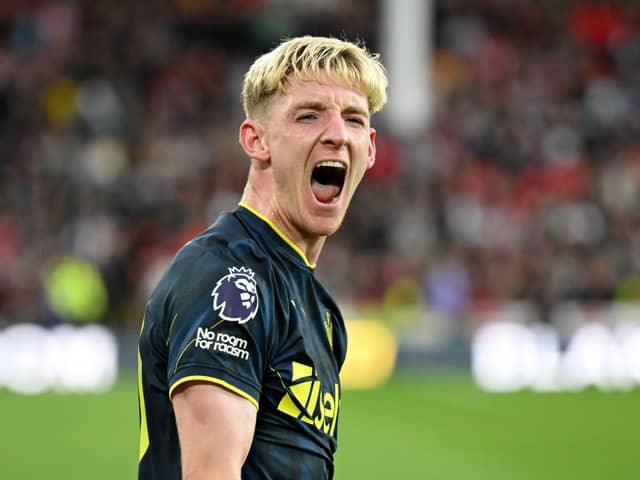 Anthony Gordon of Newcastle United celebrates after scoring the team’s fifth goal during the Premier League match between Sheffield United and Newcastle United at Bramall Lane on September 24, 2023 in Sheffield, England. (Photo by Michael Regan/Getty Images)
