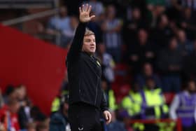 Newcastle United’s English head coach Eddie Howe gestures on the touchline during the English Premier League football match between Sheffield United and Newcastle United at Bramall Lane in Sheffield, northern England on September 24, 2023. (Photo by DARREN STAPLES/AFP via Getty Images)