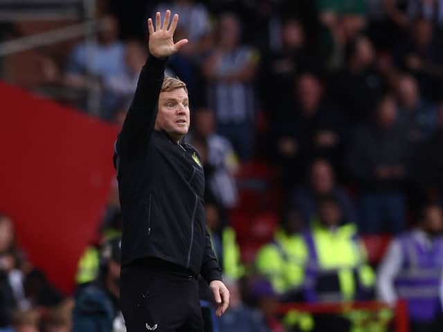 Newcastle United’s English head coach Eddie Howe gestures on the touchline during the English Premier League football match between Sheffield United and Newcastle United at Bramall Lane in Sheffield, northern England on September 24, 2023. (Photo by DARREN STAPLES/AFP via Getty Images)