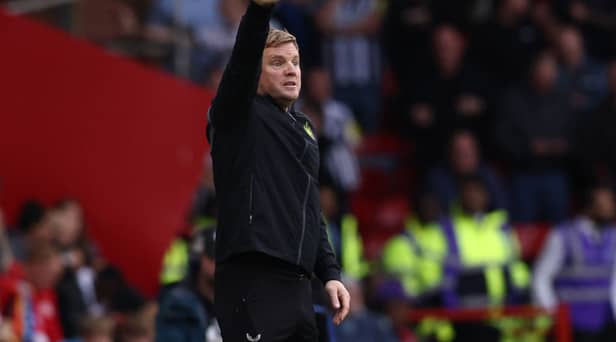 Newcastle United’s English head coach Eddie Howe gestures on the touchline during the English Premier League football match between Sheffield United and Newcastle United at Bramall Lane in Sheffield, northern England on September 24, 2023. (Photo by DARREN STAPLES/AFP via Getty Images)