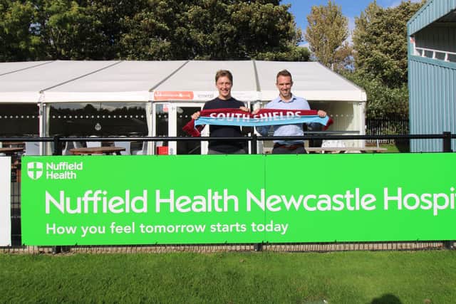 Harry Duwell, South Shields FC head of merchandise and partnerships (left) and Alex Seward, Nuffield Health Newcastle Hospital sales and services manager. Photo: South Shields FC.