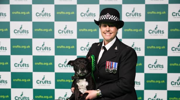 PC Claire Todd with Stella, a Staffordshire Bull Terrier who won Hero Dog of the Year today (Sunday 12.03.23), the last day of Crufts 2023, at the NEC Birmingham. (BeatMedia)