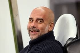  Pep Guardiola, Manager of Manchester City, smiles as he looks on prior to the Carabao Cup Third Round match between Newcastle United and Manchester City at St James’ Park on September 27, 2023 in Newcastle upon Tyne, England. (Photo by George Wood/Getty Images)