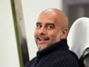  Pep Guardiola, Manager of Manchester City, smiles as he looks on prior to the Carabao Cup Third Round match between Newcastle United and Manchester City at St James’ Park on September 27, 2023 in Newcastle upon Tyne, England. (Photo by George Wood/Getty Images)
